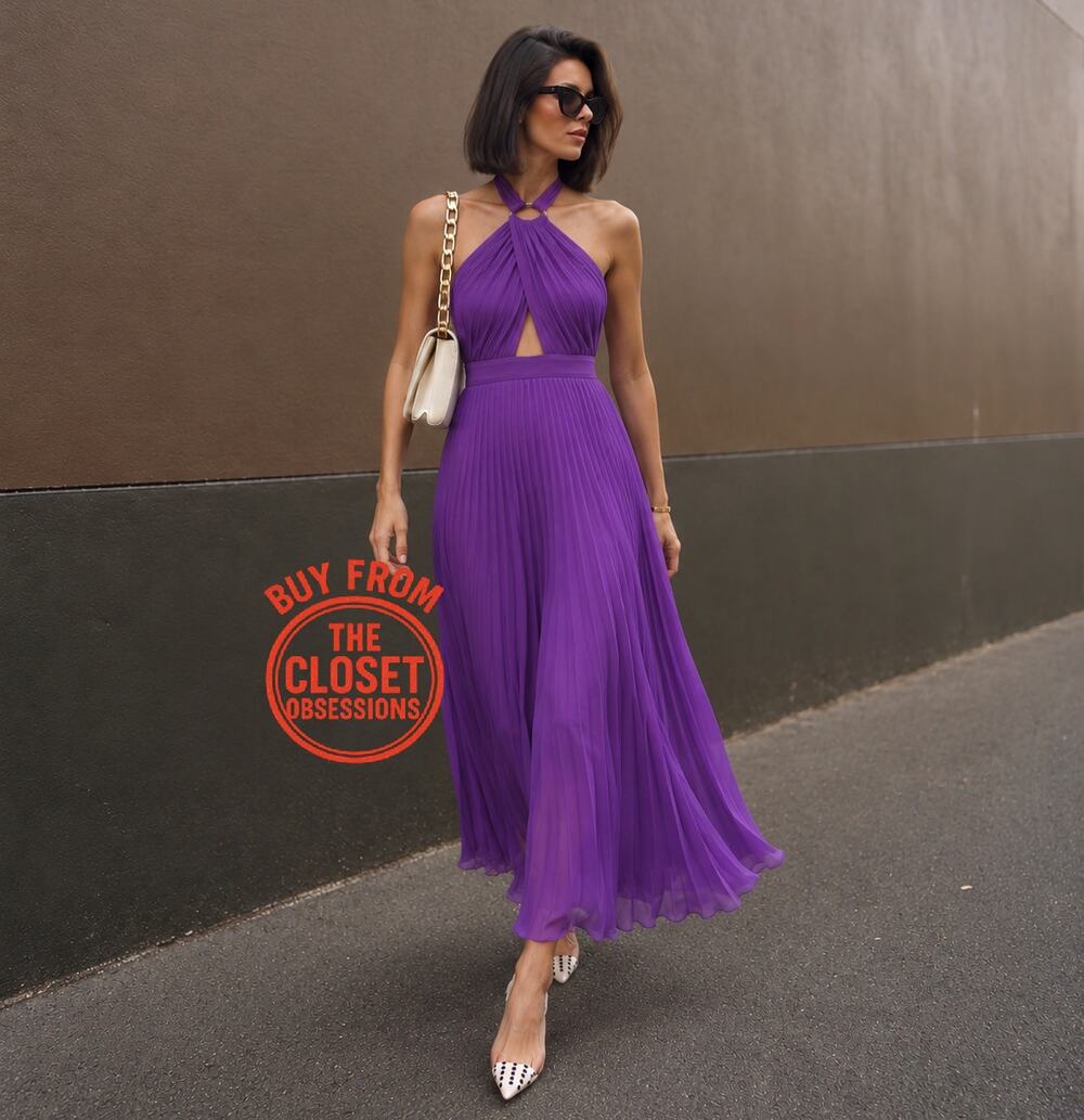 ZARA Purple Pleated Halter Midi Dress Gold Buckle Wedding Guest NWT